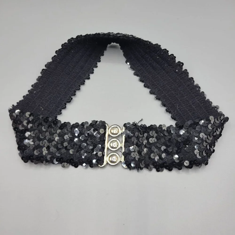 Vintage Black Sequin Elastic Stretch Belt Metal Clasp Closure Clubwear - Picture 2 of 6